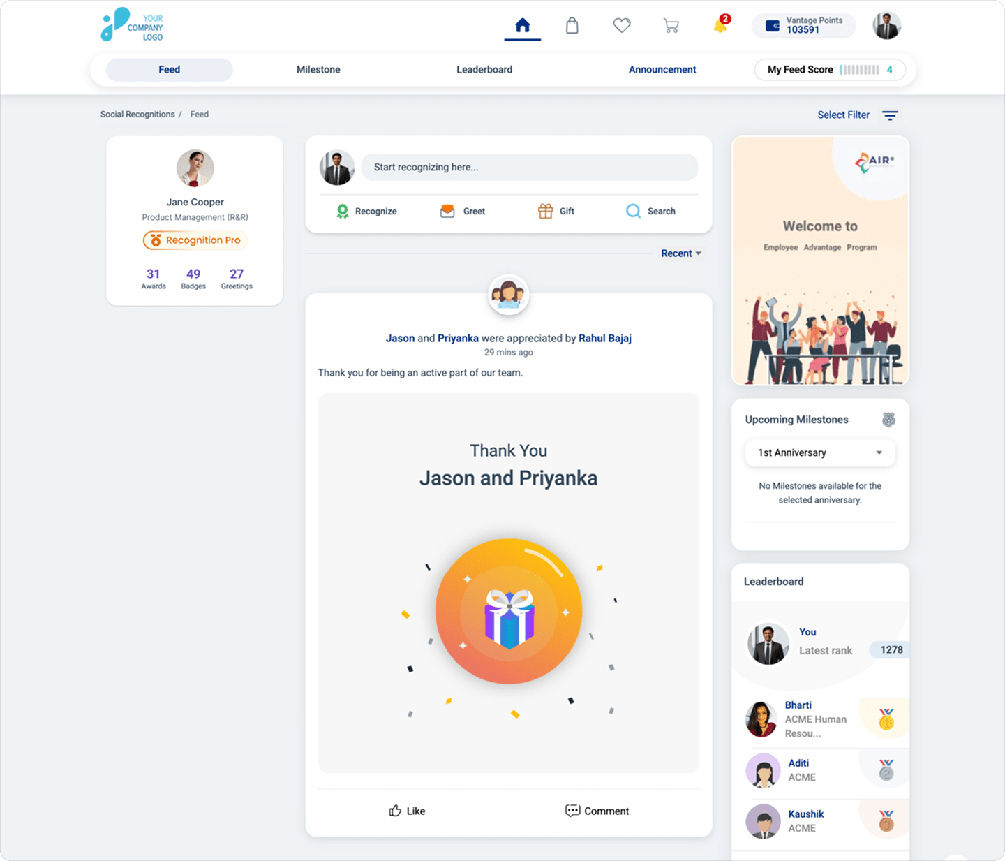 Vantage Recognition Social Feed